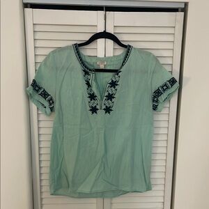 J.Crew Linen Blend Mint Green Embroidered Blouse